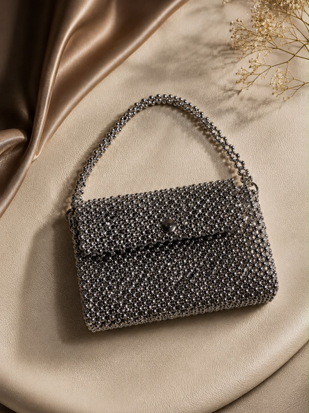 Silver Crystal Bead Flap Bag | Handmade Evening Handbag