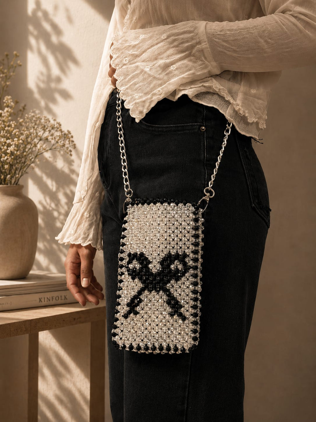Beaded Bow Phone Bag | Handmade Pearl Crossbody