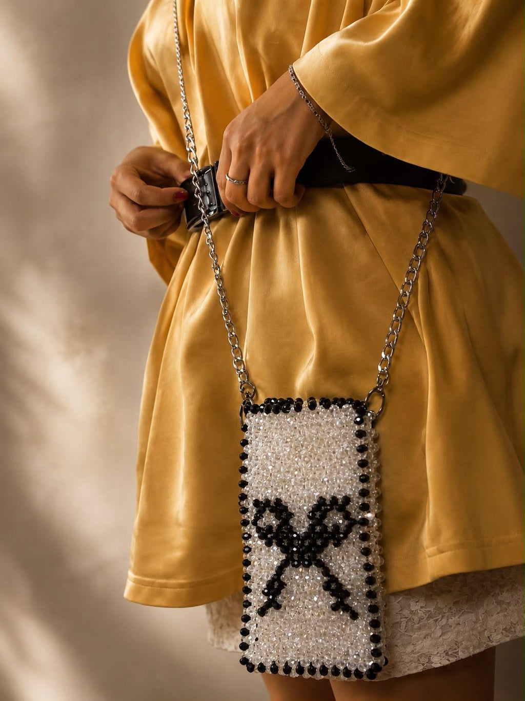 Beaded Bow Phone Bag | Handmade Pearl Crossbody