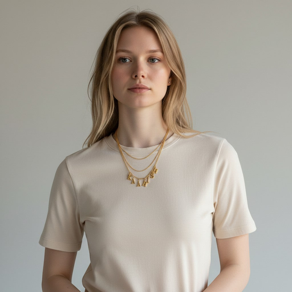 Handmade Trinkets personalised gold letter name necklace with pearl chain on a model.