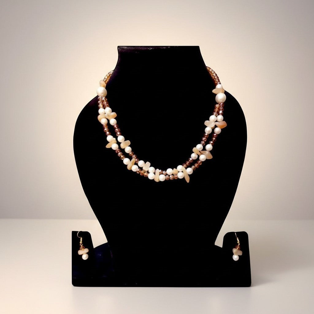Handmade Trinkets double strand pearl and amber crystal necklace with matching drop earrings.
